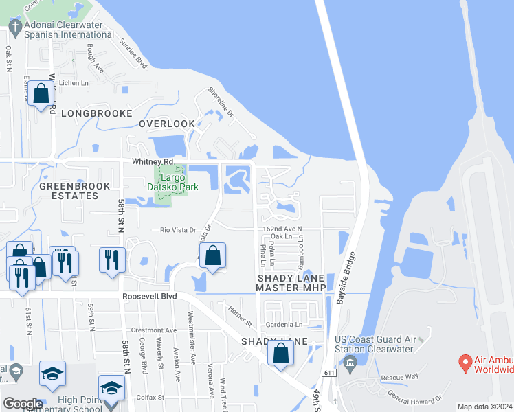 map of restaurants, bars, coffee shops, grocery stores, and more near 16321 Foxbridge Circle North in Clearwater