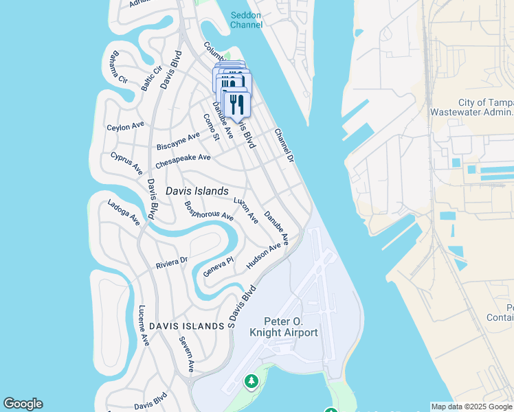 map of restaurants, bars, coffee shops, grocery stores, and more near 530 Danube Avenue in Tampa