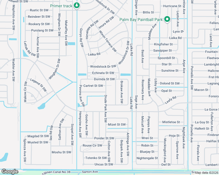 map of restaurants, bars, coffee shops, grocery stores, and more near 1008 Cartret Street Southwest in Palm Bay