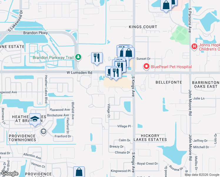 map of restaurants, bars, coffee shops, grocery stores, and more near 811 Oak Park Place in Brandon