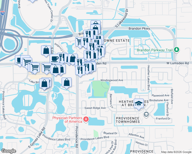 map of restaurants, bars, coffee shops, grocery stores, and more near 1074 Bridlewood Way in Brandon