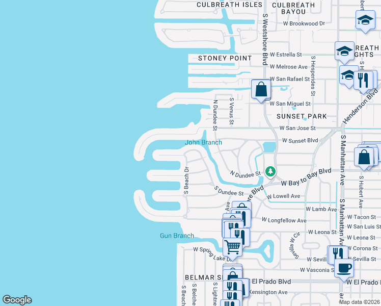 map of restaurants, bars, coffee shops, grocery stores, and more near 2501 South Dundee Street in Tampa
