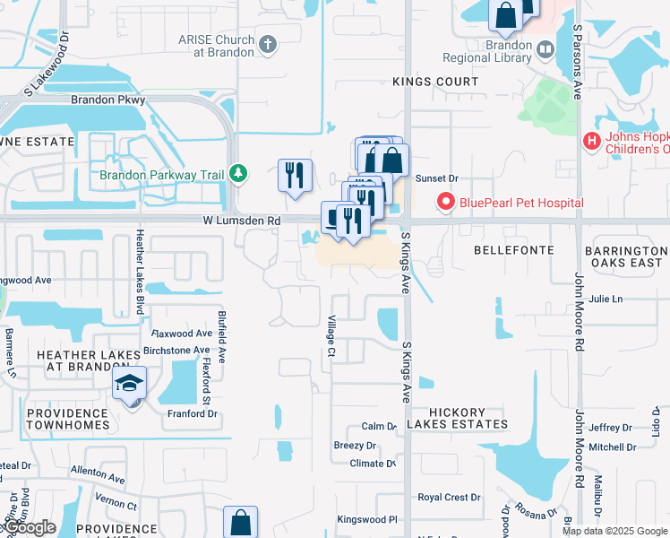map of restaurants, bars, coffee shops, grocery stores, and more near 811 Oak Park Place in Brandon