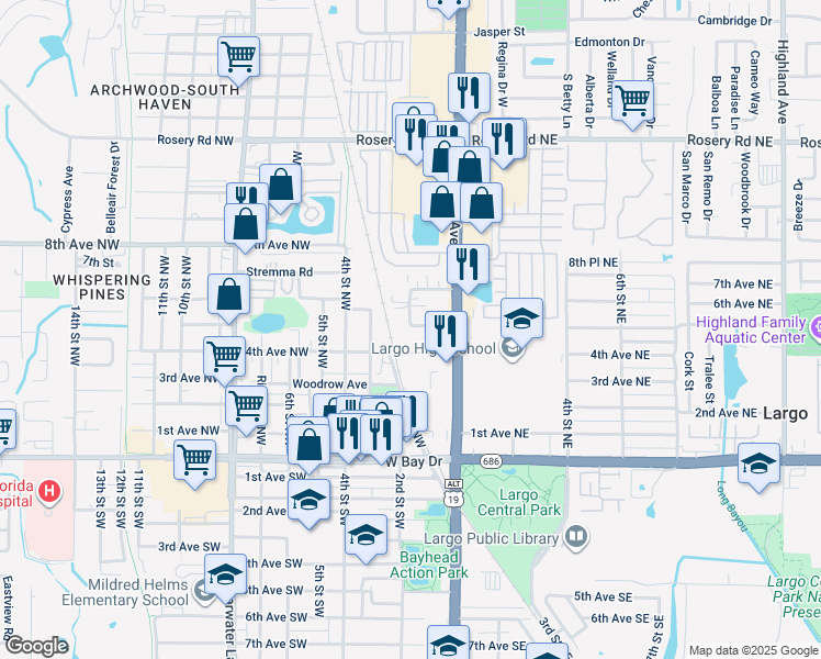 map of restaurants, bars, coffee shops, grocery stores, and more near 231 Commerce Drive South in Largo