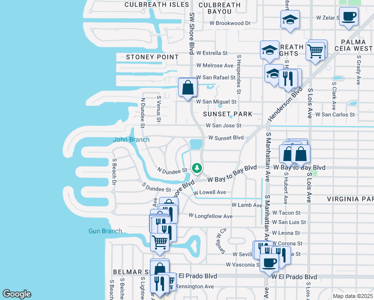 map of restaurants, bars, coffee shops, grocery stores, and more near 2608 South Hawthorne Circle in Tampa