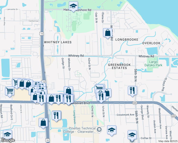 map of restaurants, bars, coffee shops, grocery stores, and more near 2070 62nd Street North in Clearwater