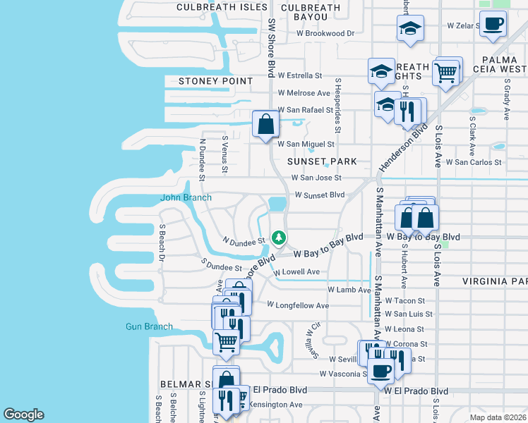 map of restaurants, bars, coffee shops, grocery stores, and more near 2608 South Hawthorne Circle in Tampa