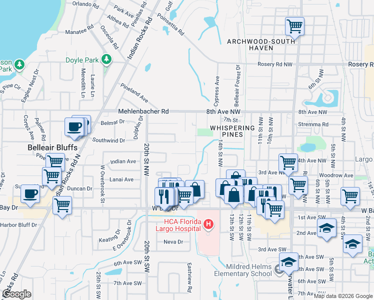 map of restaurants, bars, coffee shops, grocery stores, and more near 1612 Edna Avenue Northwest in Largo