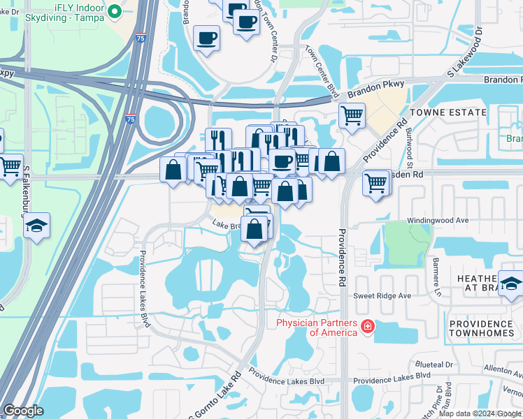 map of restaurants, bars, coffee shops, grocery stores, and more near 11255 Causeway Boulevard in Brandon