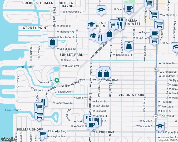 map of restaurants, bars, coffee shops, grocery stores, and more near 2801 South Manhattan Avenue in Tampa