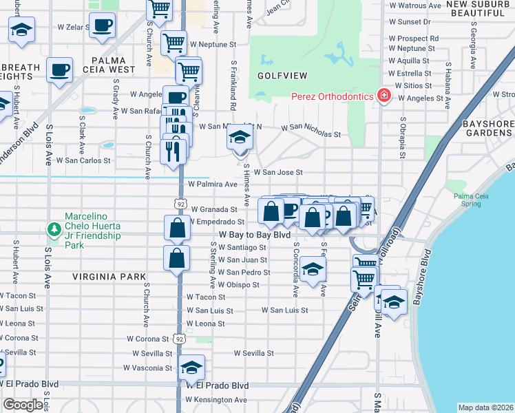 map of restaurants, bars, coffee shops, grocery stores, and more near 3514 West Granada Street in Tampa