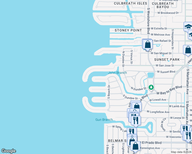 map of restaurants, bars, coffee shops, grocery stores, and more near 2405 South Dundee Street in Tampa