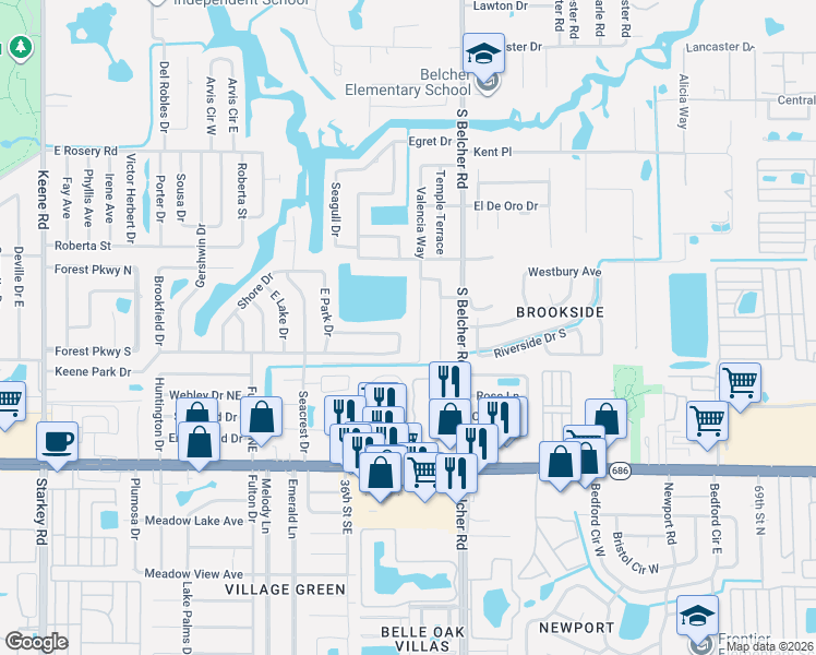 map of restaurants, bars, coffee shops, grocery stores, and more near 2067 Valencia Way in Clearwater