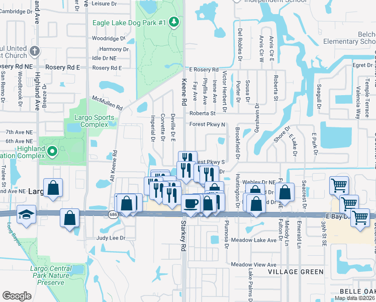 map of restaurants, bars, coffee shops, grocery stores, and more near 469 Keene Road in Largo