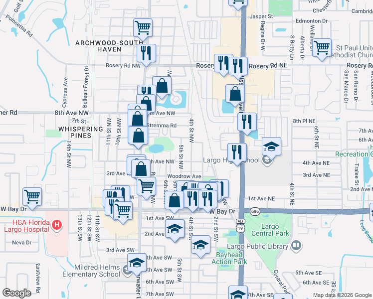 map of restaurants, bars, coffee shops, grocery stores, and more near 413 4th Street Northwest in Largo
