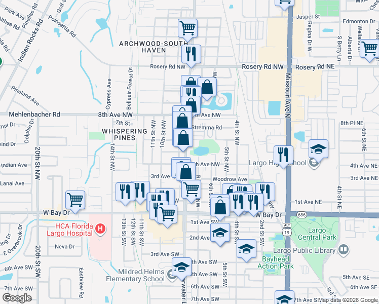 map of restaurants, bars, coffee shops, grocery stores, and more near 468 Ridge Road Northwest in Largo