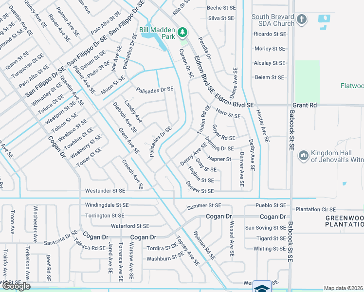 map of restaurants, bars, coffee shops, grocery stores, and more near 2937 Toulon Road Southeast in Palm Bay