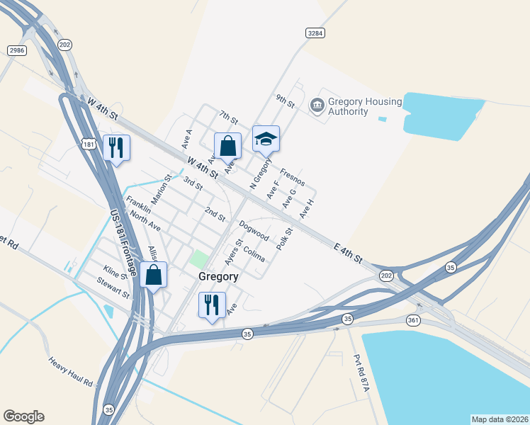 map of restaurants, bars, coffee shops, grocery stores, and more near 205 Dogwood in Gregory