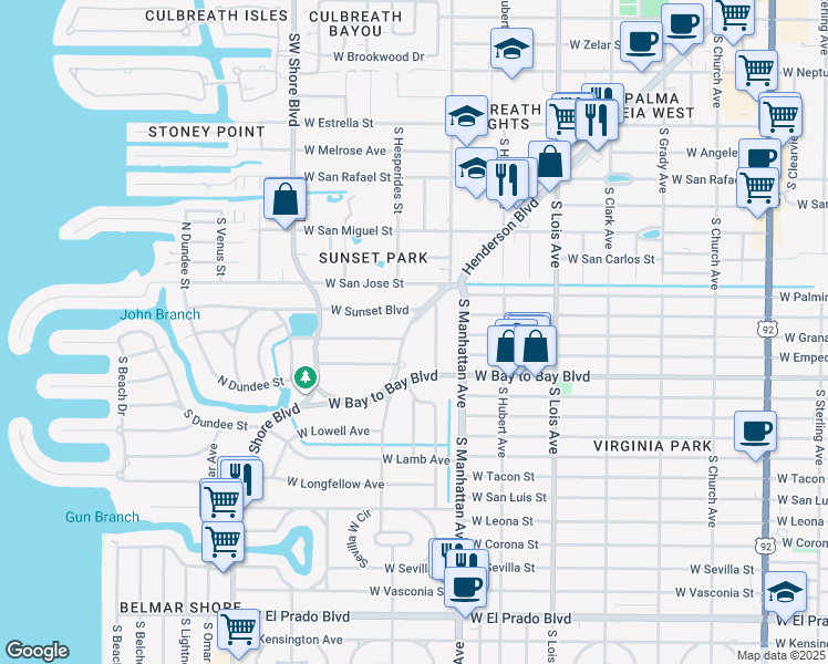 map of restaurants, bars, coffee shops, grocery stores, and more near 4510 Henderson Boulevard in Tampa