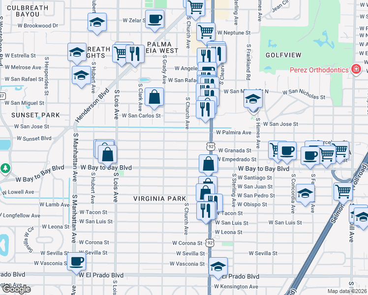 map of restaurants, bars, coffee shops, grocery stores, and more near 3901 West Granada Street in Tampa