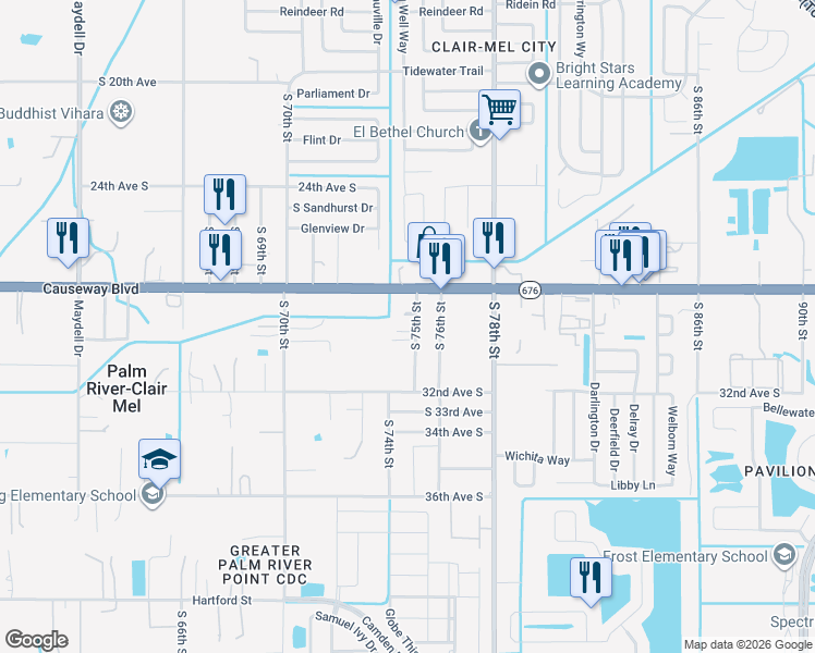 map of restaurants, bars, coffee shops, grocery stores, and more near 7402 30th Avenue South in Tampa