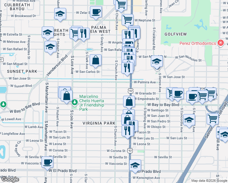 map of restaurants, bars, coffee shops, grocery stores, and more near 3910 West Granada Street in Tampa