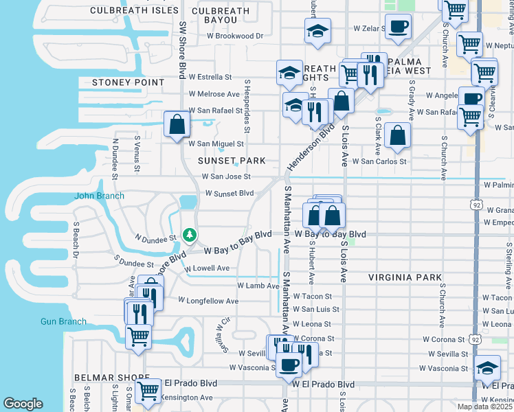 map of restaurants, bars, coffee shops, grocery stores, and more near 4510 Henderson Boulevard in Tampa