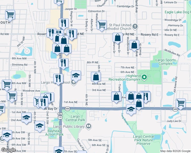 map of restaurants, bars, coffee shops, grocery stores, and more near 513 5th Avenue Northeast in Largo