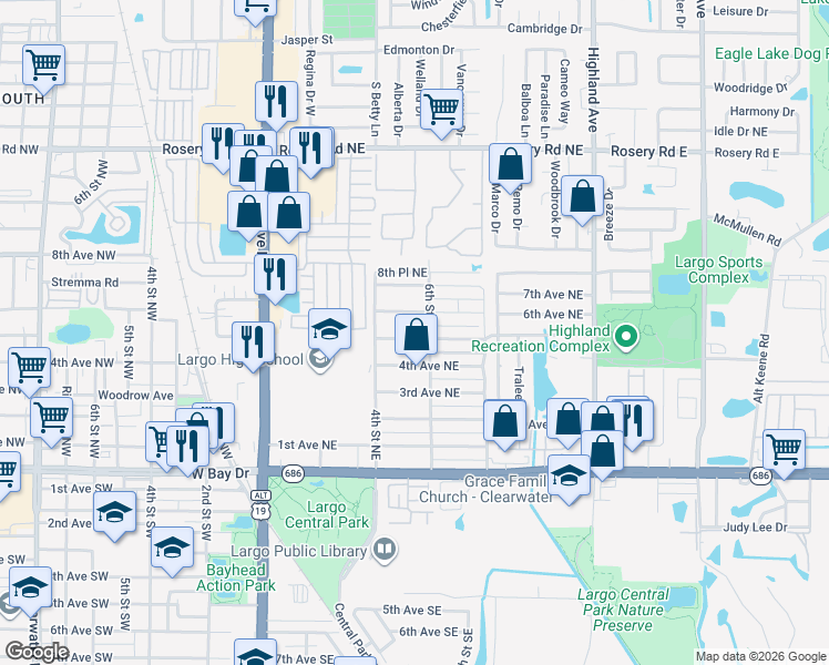 map of restaurants, bars, coffee shops, grocery stores, and more near 513 5th Avenue Northeast in Largo