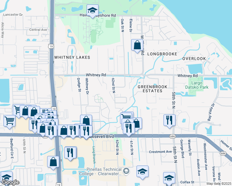 map of restaurants, bars, coffee shops, grocery stores, and more near 2070 62nd Street North in Clearwater