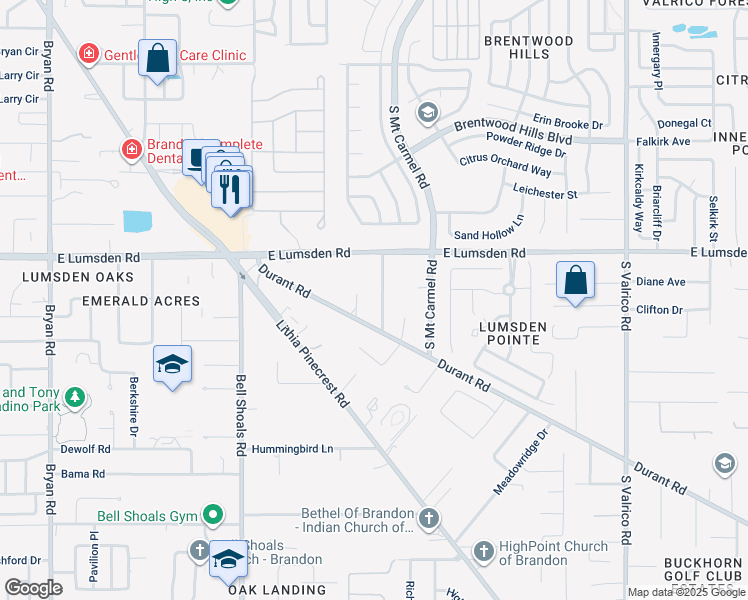 map of restaurants, bars, coffee shops, grocery stores, and more near 1017 Mandalay Drive in Brandon