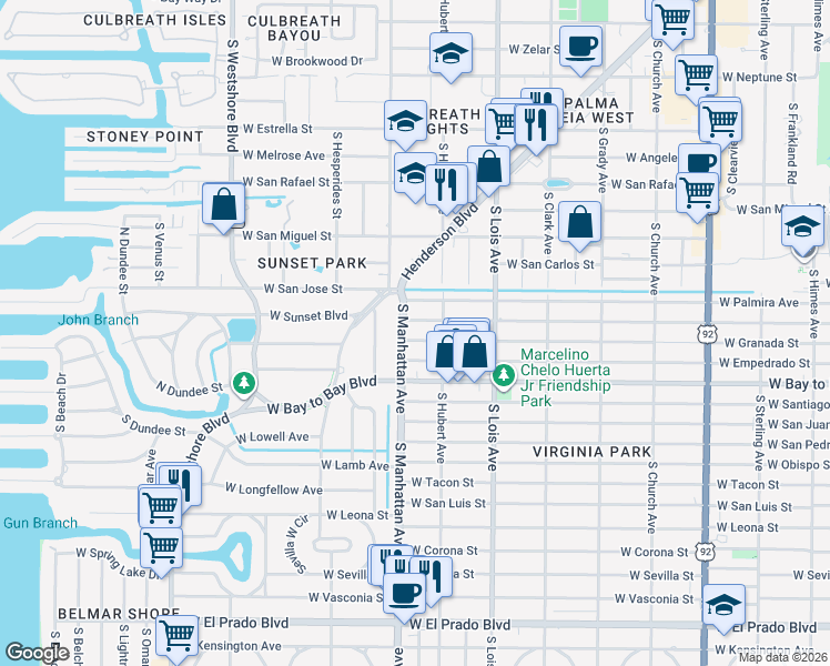 map of restaurants, bars, coffee shops, grocery stores, and more near 2801 South Manhattan Avenue in Tampa