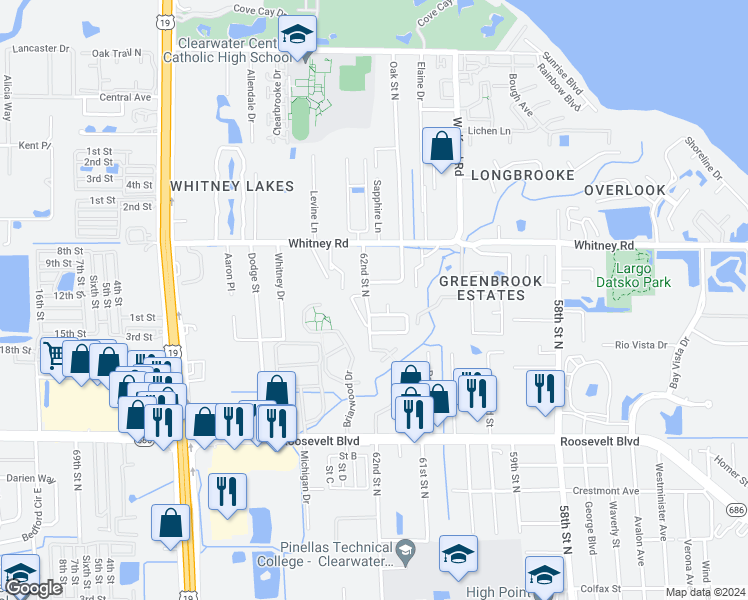 map of restaurants, bars, coffee shops, grocery stores, and more near 2070 62nd Street North in Clearwater
