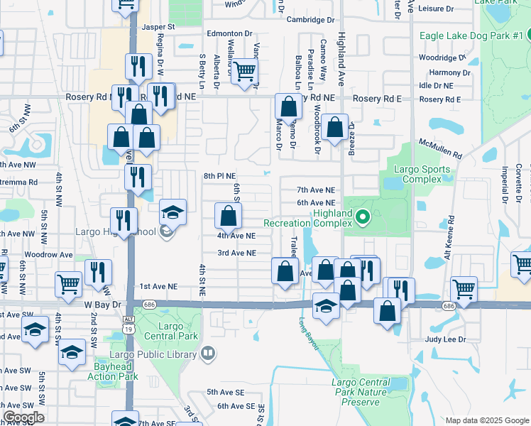 map of restaurants, bars, coffee shops, grocery stores, and more near 441 Cork Street in Largo