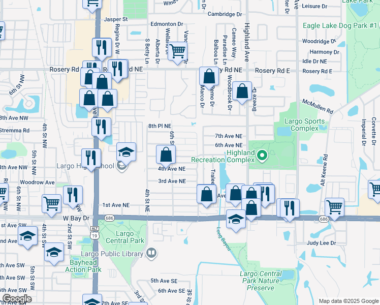 map of restaurants, bars, coffee shops, grocery stores, and more near 619 5th Avenue Northeast in Largo