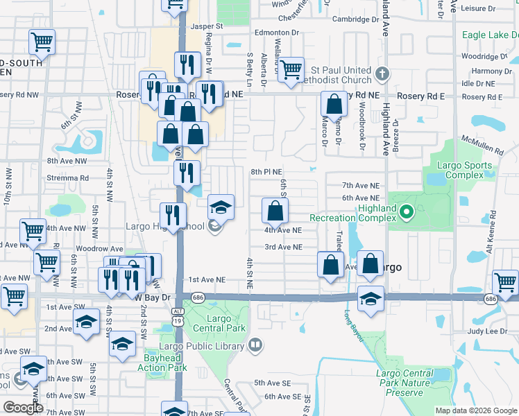 map of restaurants, bars, coffee shops, grocery stores, and more near 450 4th Street Northeast in Largo
