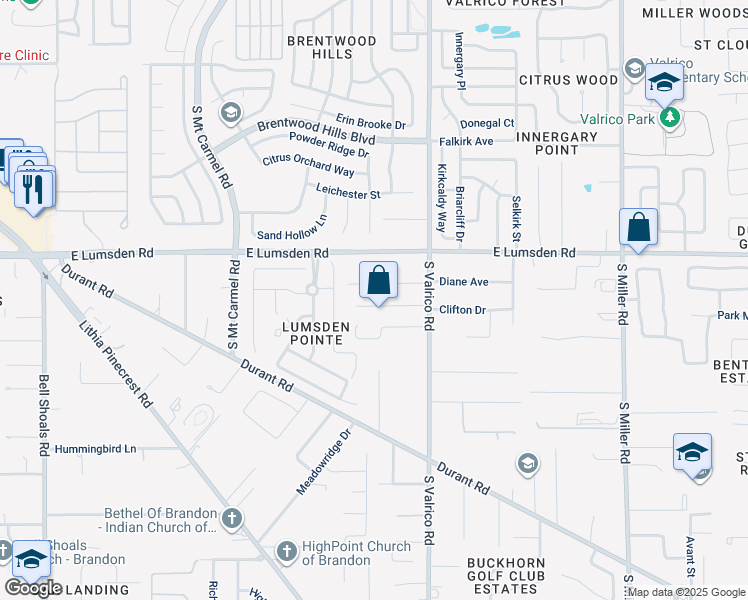 map of restaurants, bars, coffee shops, grocery stores, and more near 2008 Cricket Lane in Valrico