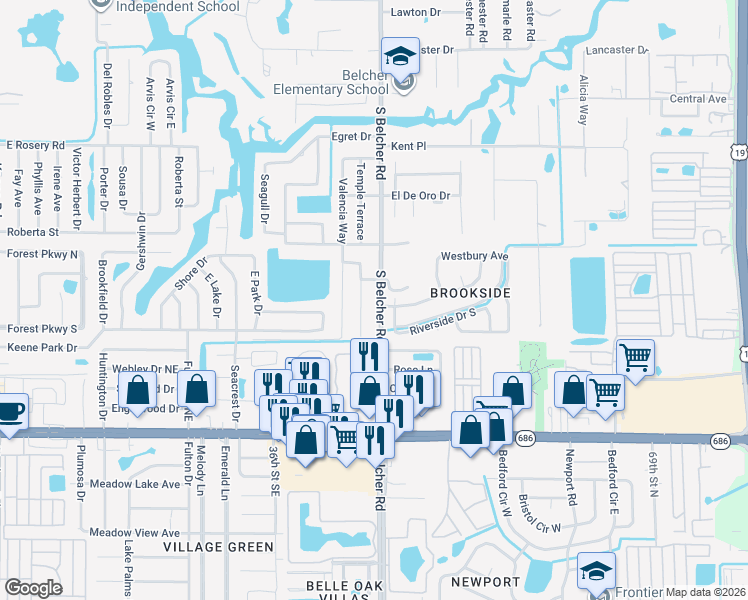 map of restaurants, bars, coffee shops, grocery stores, and more near 2056 South Belcher Road in Clearwater