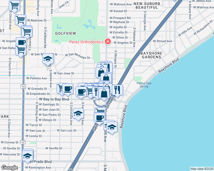 map of restaurants, bars, coffee shops, grocery stores, and more near 2801 South MacDill Avenue in Tampa