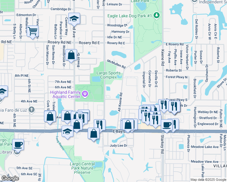 map of restaurants, bars, coffee shops, grocery stores, and more near 400 Lake Avenue Northeast in Largo