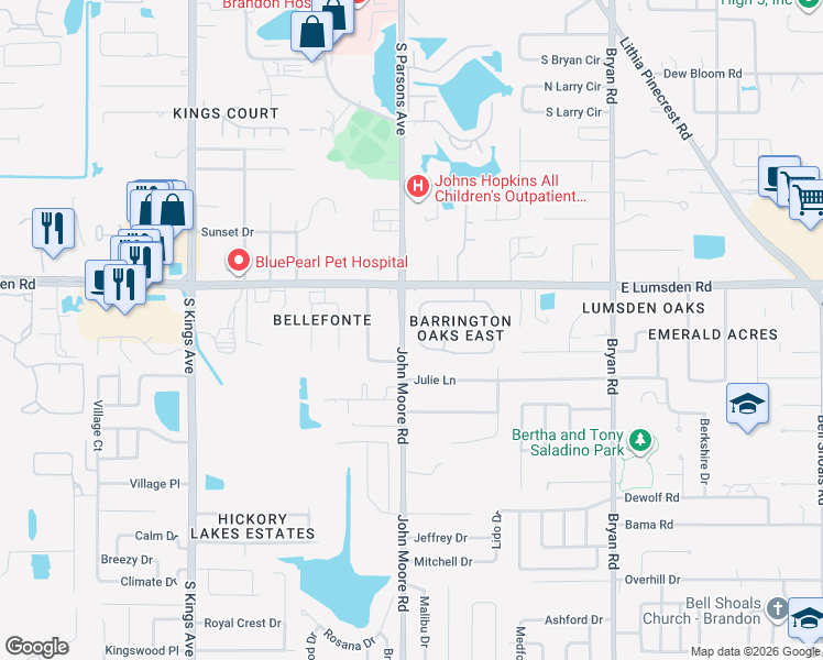 map of restaurants, bars, coffee shops, grocery stores, and more near 142 Barrington Drive in Brandon