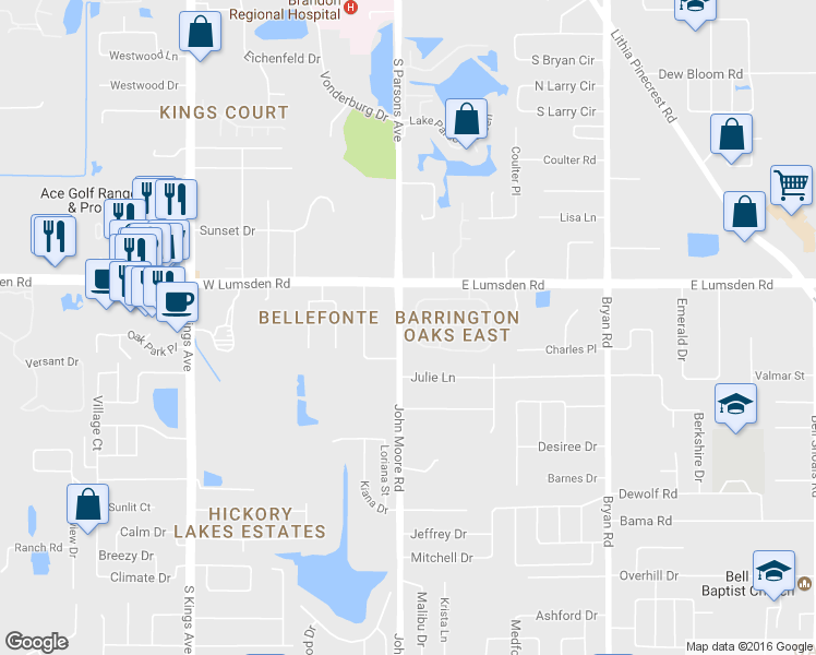 map of restaurants, bars, coffee shops, grocery stores, and more near 142 Barrington Drive in Brandon