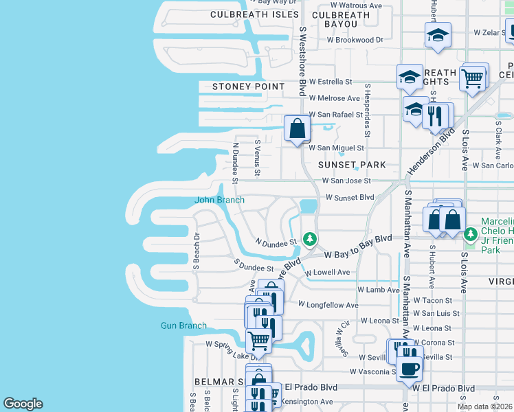 map of restaurants, bars, coffee shops, grocery stores, and more near 4811 South Sunset Boulevard in Tampa