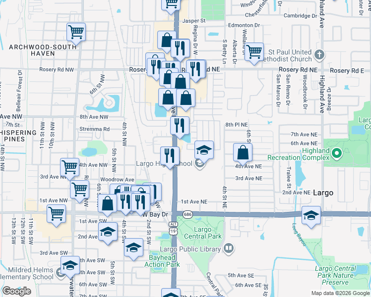 map of restaurants, bars, coffee shops, grocery stores, and more near 400-686 Red Wing Circle in Largo