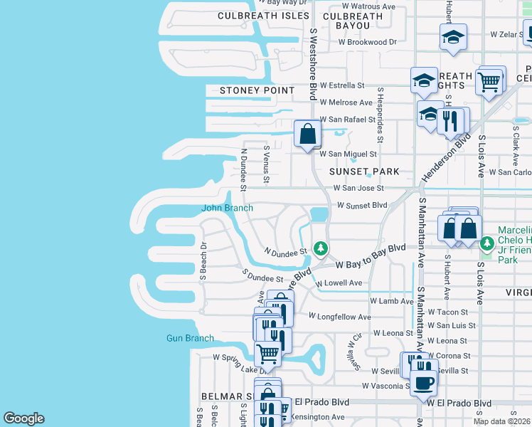map of restaurants, bars, coffee shops, grocery stores, and more near 4811 South Sunset Boulevard in Tampa