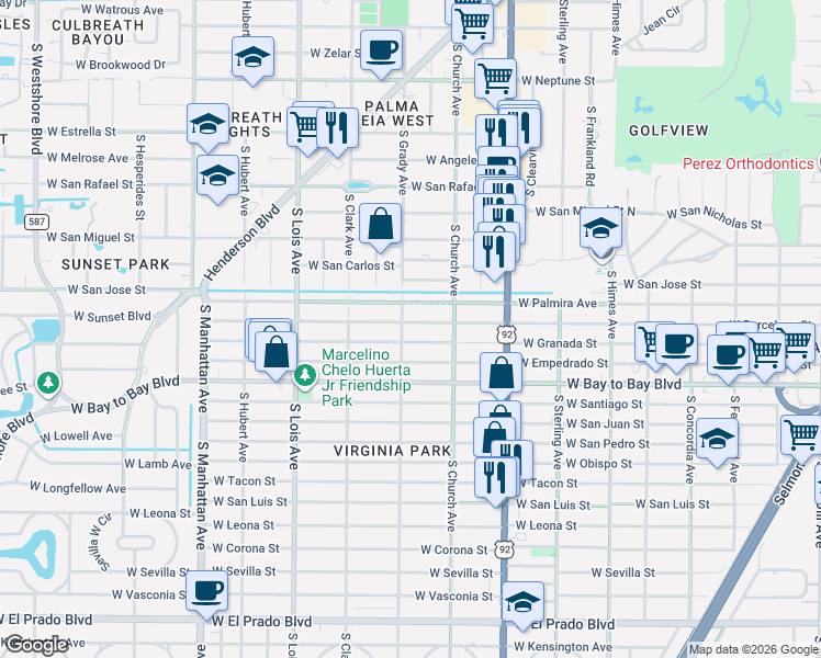 map of restaurants, bars, coffee shops, grocery stores, and more near 3910 West Granada Street in Tampa