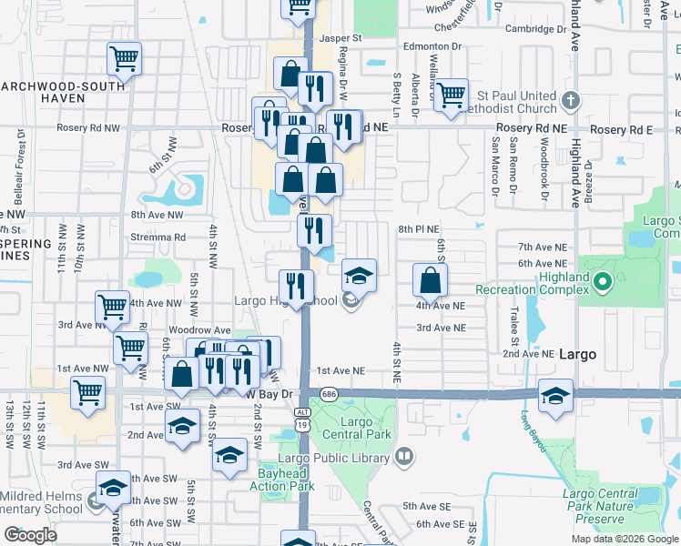 map of restaurants, bars, coffee shops, grocery stores, and more near 400 Red Wing Circle in Largo