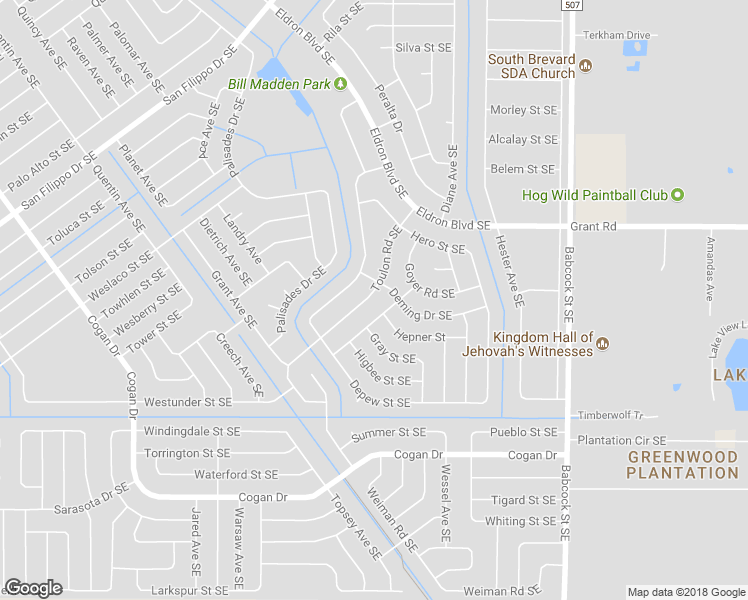 map of restaurants, bars, coffee shops, grocery stores, and more near 2911 Toulon Road Southeast in Palm Bay
