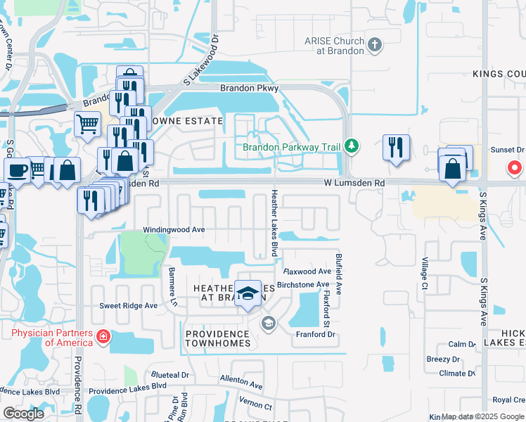 map of restaurants, bars, coffee shops, grocery stores, and more near 1012 Axlewood Circle in Brandon