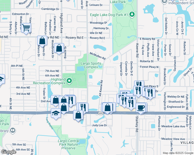 map of restaurants, bars, coffee shops, grocery stores, and more near 499 Alternate Keene Road in Largo